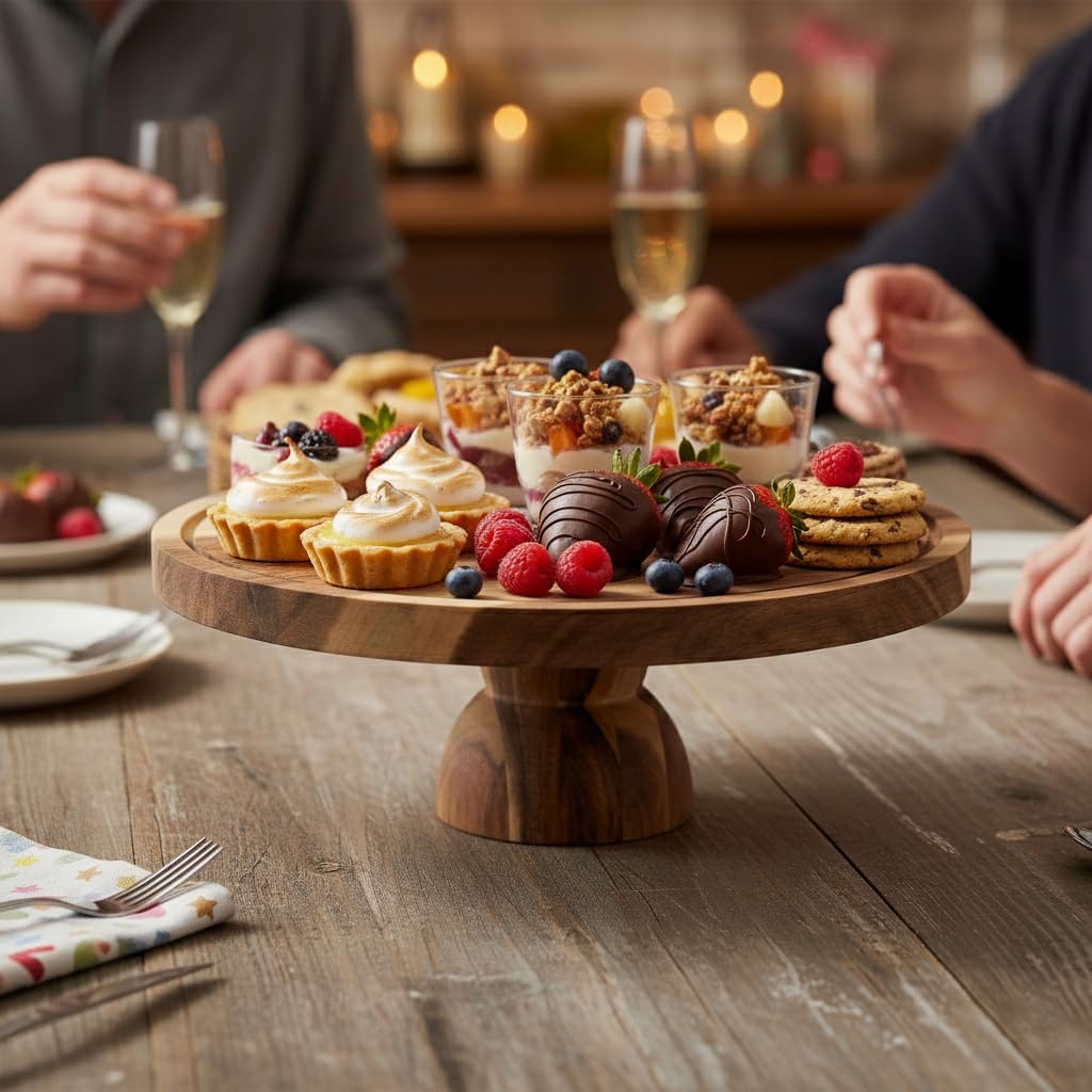 Käsebrett mit Deckel – 2 in 1 Tortenplatte Holz & Charcuterie Board für Snack, Käseplatte Servierbrett Küchenbrett, Rund Kuchenplatte Tortenständer Ideal für Antipasti und Desserts