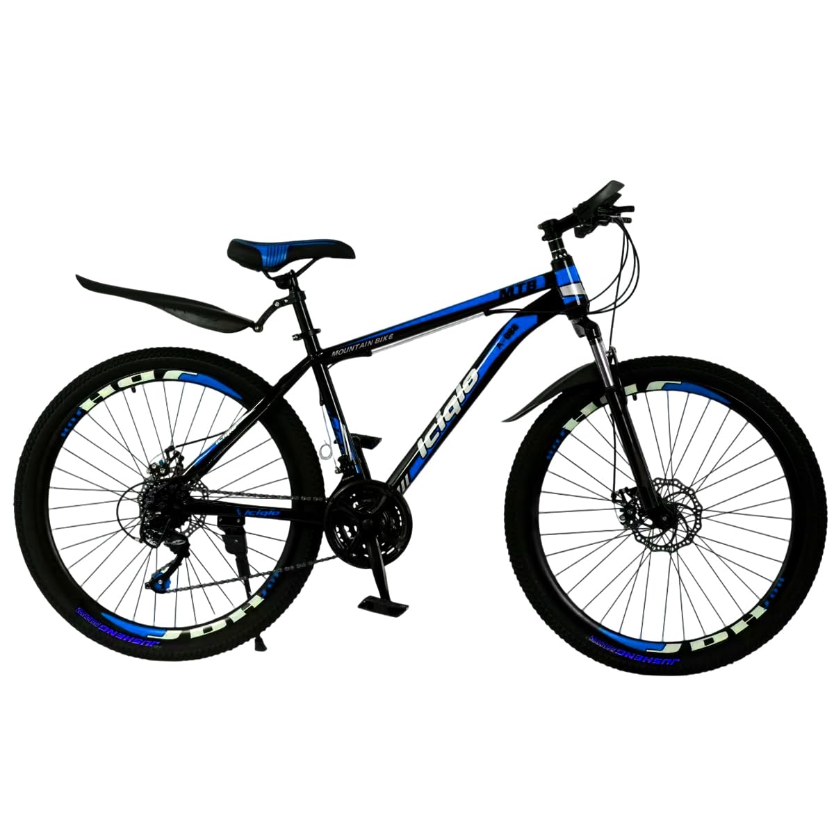 ICIQLO Bicicleta de Montaña para Adultos Rodada 26 Deportiva con 21 Velocidades Sistema Tipo Shimano, Frenos de Disco, Rin de Acero Suspension Delantera y pie de Apoyo (Azul) Deportes y