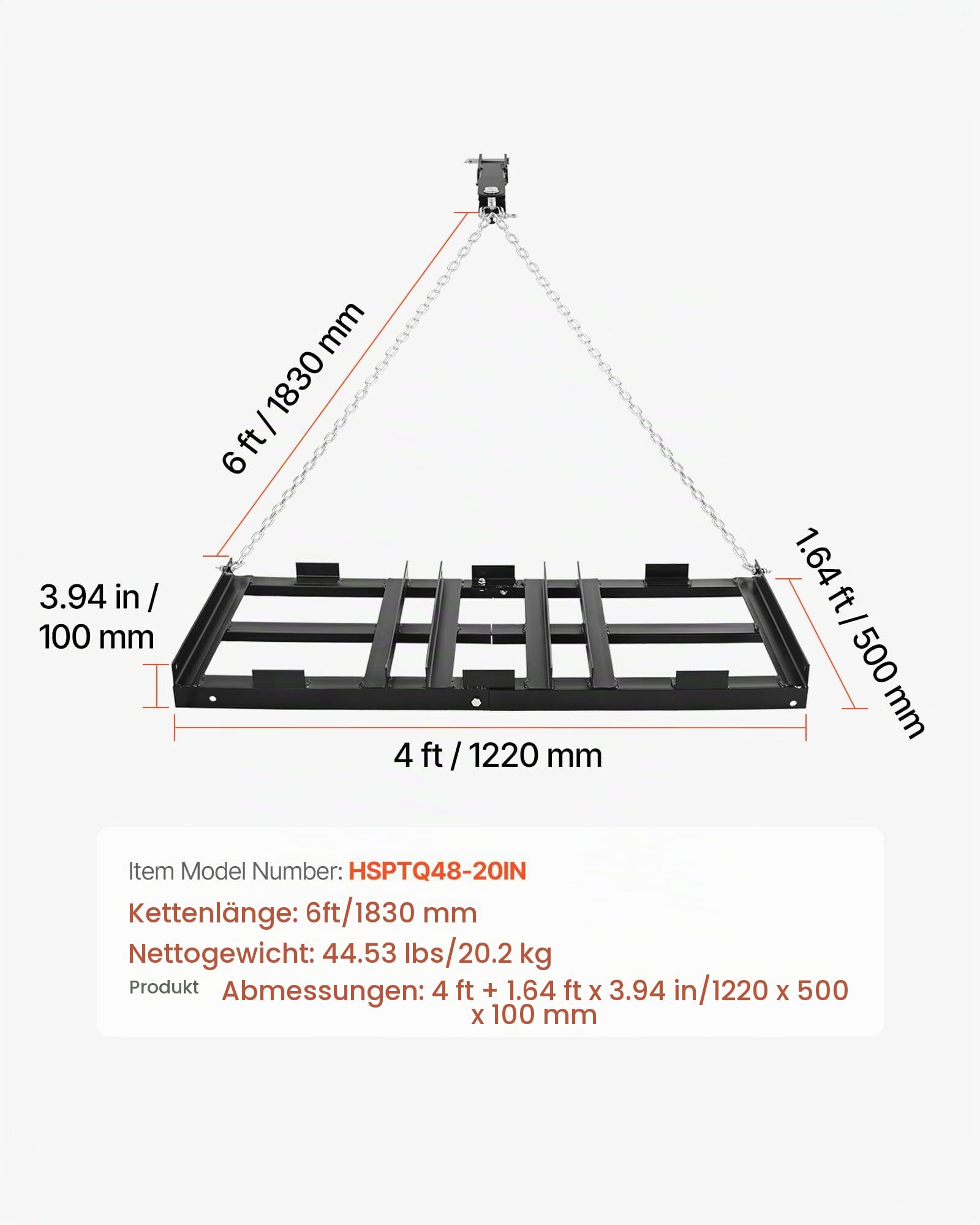 VEVOR Schleppegge 122x50 cm, Wiesenegge, Wiesenschleppe mit 183 cm Kette, Hochleistungs-Nivellierrechen, Verzinkter Stahl-Feldegge für Kiesauffahrten, Passend für ATVs, UTVs & Traktoren