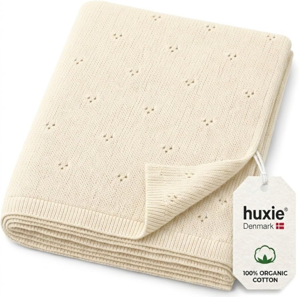 100% Organic Cotton Knit Baby Blanket for Boys and Girls- Pointelle Swaddle Blanket - 40" x 30" Soft Receiving Blanket for Newborn - Lightweight Heirloom Nursery Knit Blanket for Babies(Ivory)