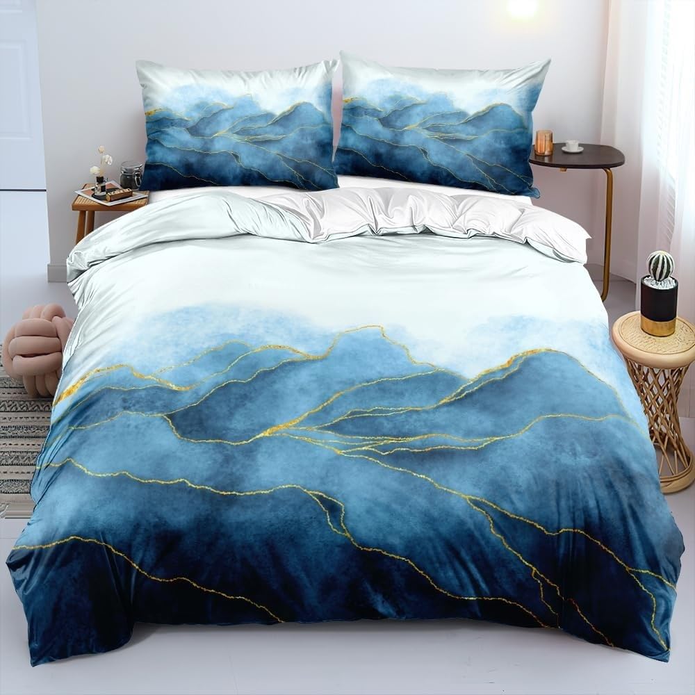 Housse de couette couvre-lit léger super K marbre blanc et bleu