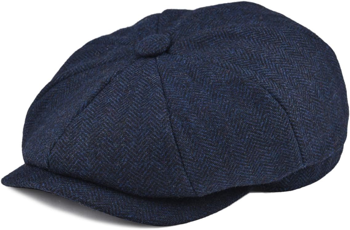 Men's 8 Panel Wool Blend Newsboy Flat Cap Herringbone Tweed Hat