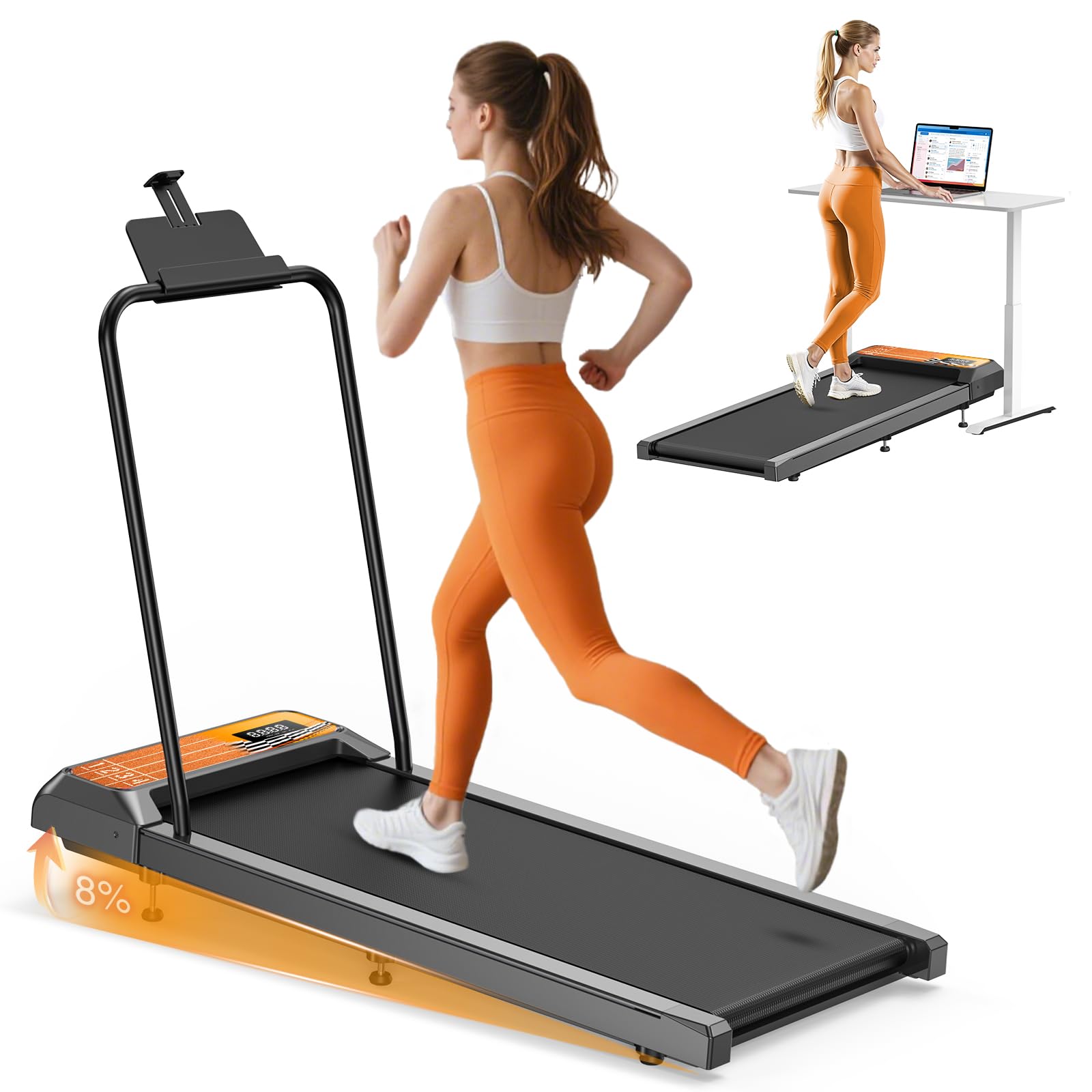 HCOIW Walking Pad Treadmill with Incline - Portable Under Desk Treadmill with Handlebar, 2.5HP Low-Noise Motor, 2-in-1 Treadmill for Home Office, LED Display with Remote Control
