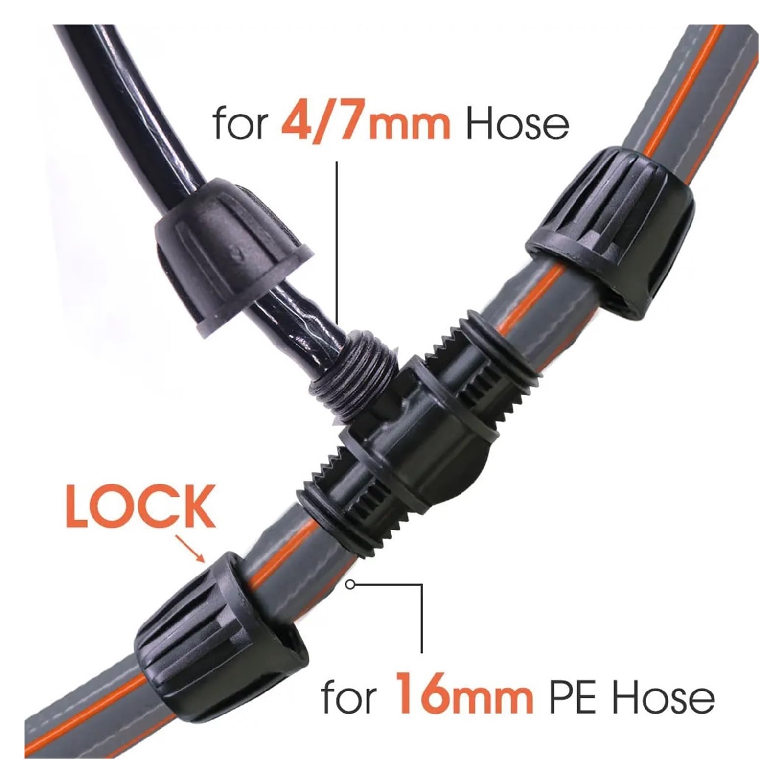 Junta en T de manguera 16mm a 4/7mm con cerradura for accesorios tubo riego por goteo jardín, conector 4 vías y 6, adaptador tubería 1/2"(A-30PCS)
