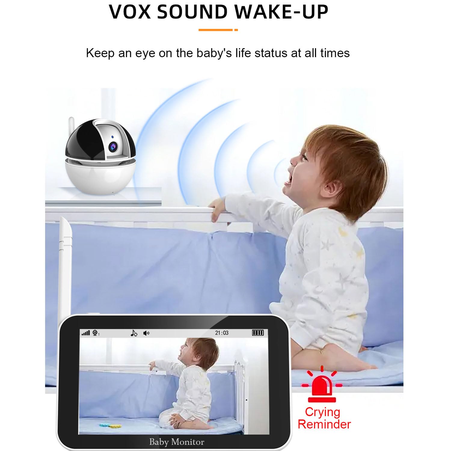 Baby Monitor Portatile, Schermo HD 720P Baby Monitor Video da 5'', Audio Bidirezionale, Zoom, Visione Notturna, Ninne Nanne, Lungo Raggio di 1000ft, Visione Notturna a Infrarossi, modalità VOX