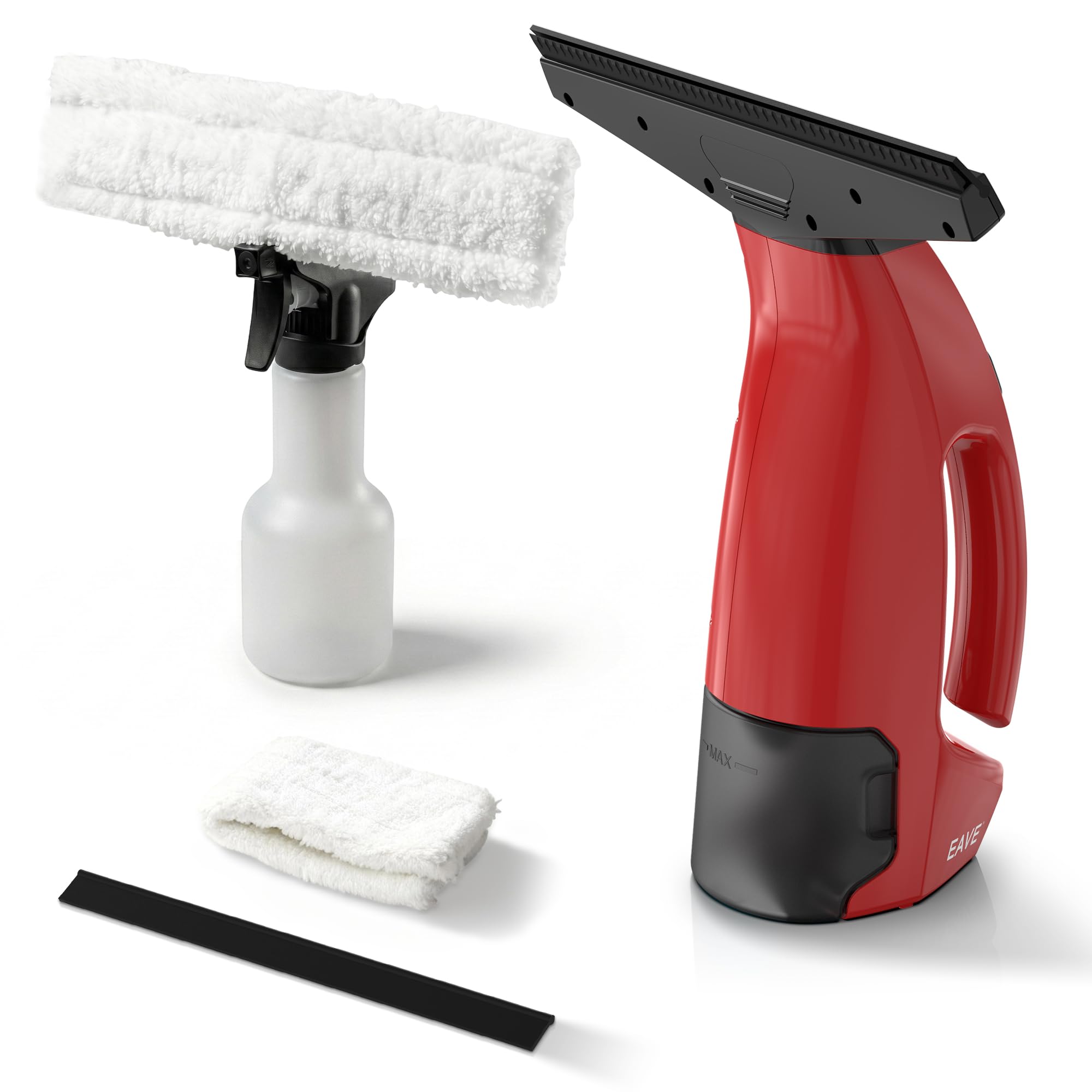 EAVE Limpiacristales Electrico, Set Limpiacristales con 45min de Autonomía, Limpia Cristales Electrico Ventanas con Boquilla de 28cm y Depósito de 200ml, Apto para Ventanas y Espejos (Rojo)