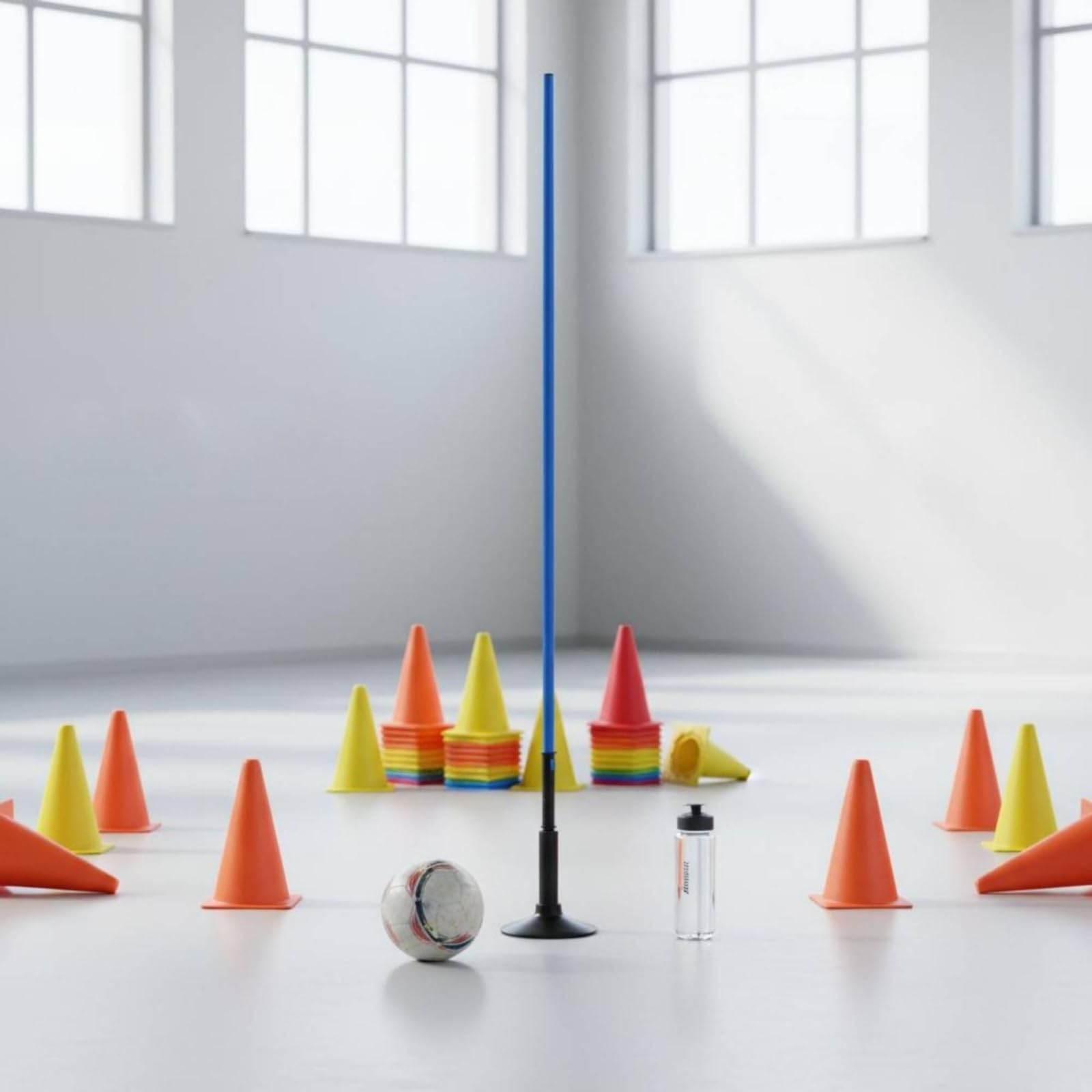 Cono Allenamento Bambini Palo Calcio Slalom Dribbling Agilità Base in Gomma Fissata al Prato Materiale PVC Acciaio Struttura Leggera Adatto per Scuola, Color to 1, 1.5 Metri