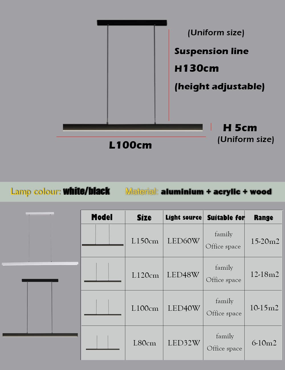 Lampada a LED a sospensione moderna dimmerabile con telecomando Design lineare Pendenti da tavolo e luci a sospensione Altezza regolabile per la sala da pranzo Lampadari da ufficio (L100cm, Nero)