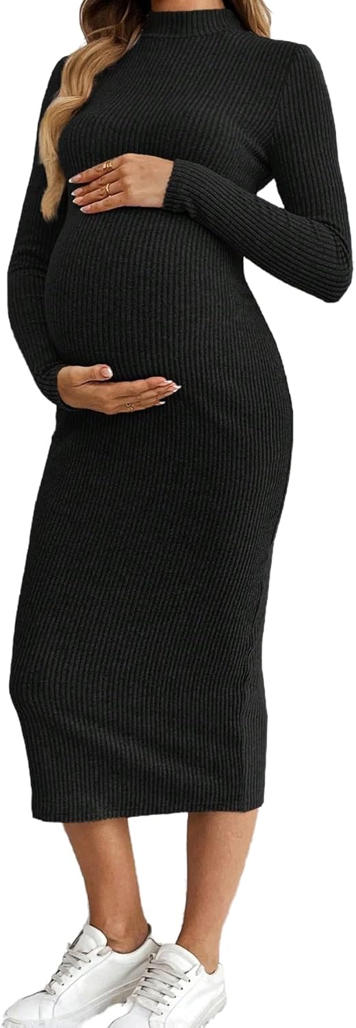 MakeMeChic Women's Maternity Dress Long Sleeve Mock Neck Casual Knit Bodycon Dresses