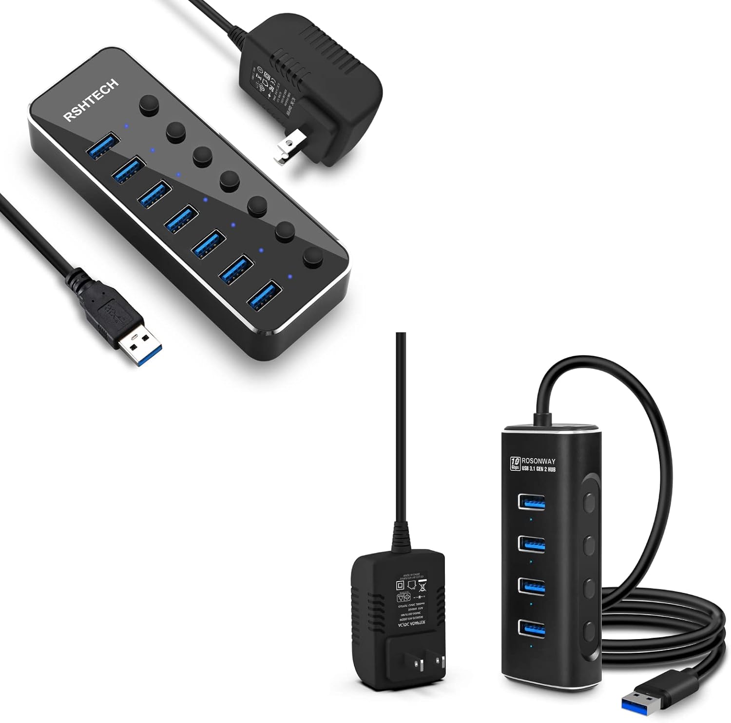 RSHTECH 7 Port Powered USB 3.0 Hub with 5V Adapter + ROSONWAY 4 Ports USB 3.1 Gen 2 Hub 10Gbps with 5V Power Adapter
