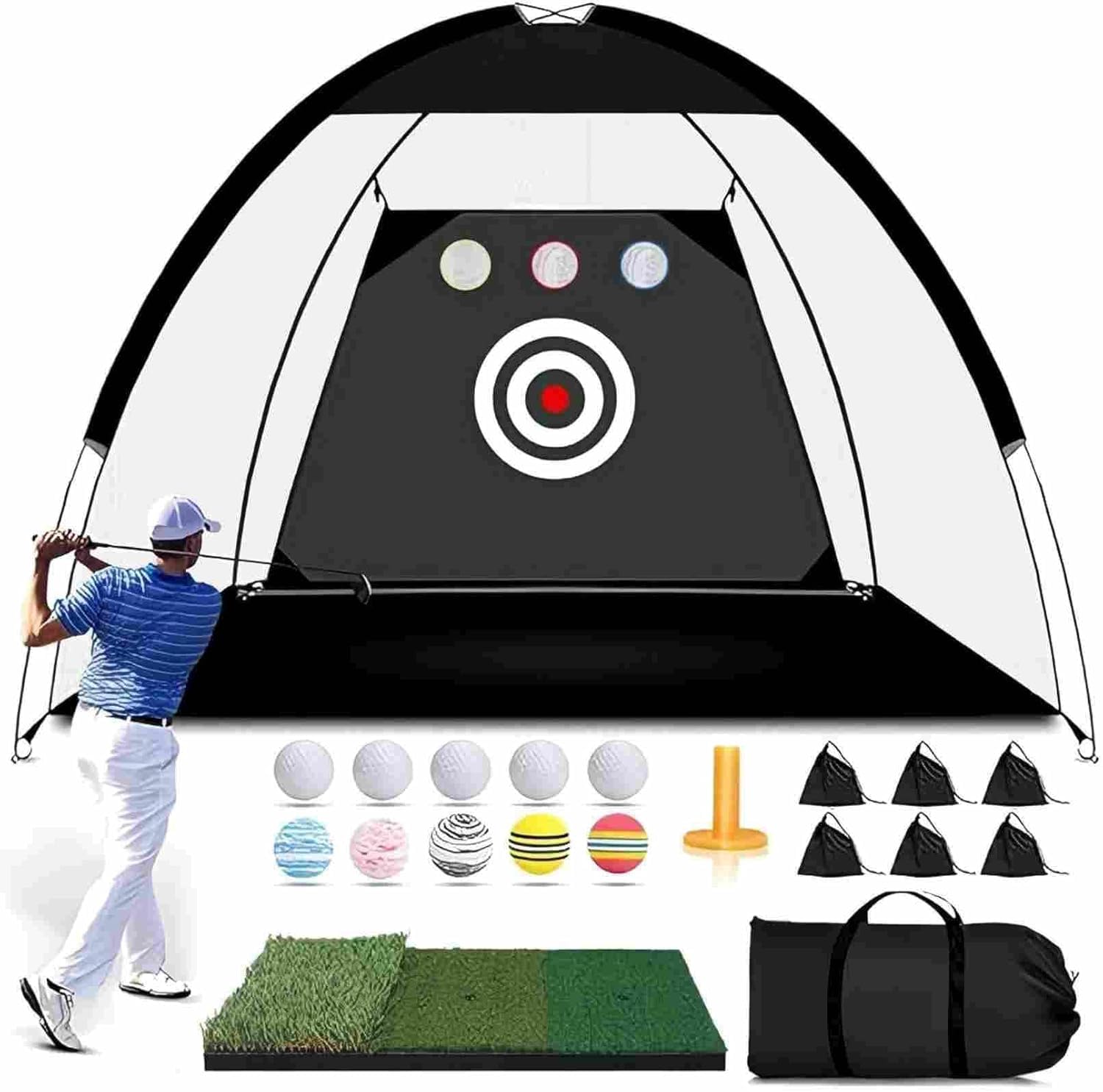Siatka golfowa 3 x 2,1 m do treningu w ogrodzie, 3 x 7 m, w domu i na zewnątrz, trójkolorowa mata do golfa z 10 piłkami golfowymi i herbatą, idealna do odbojów, żetonów i ćwiczeń zamachowych