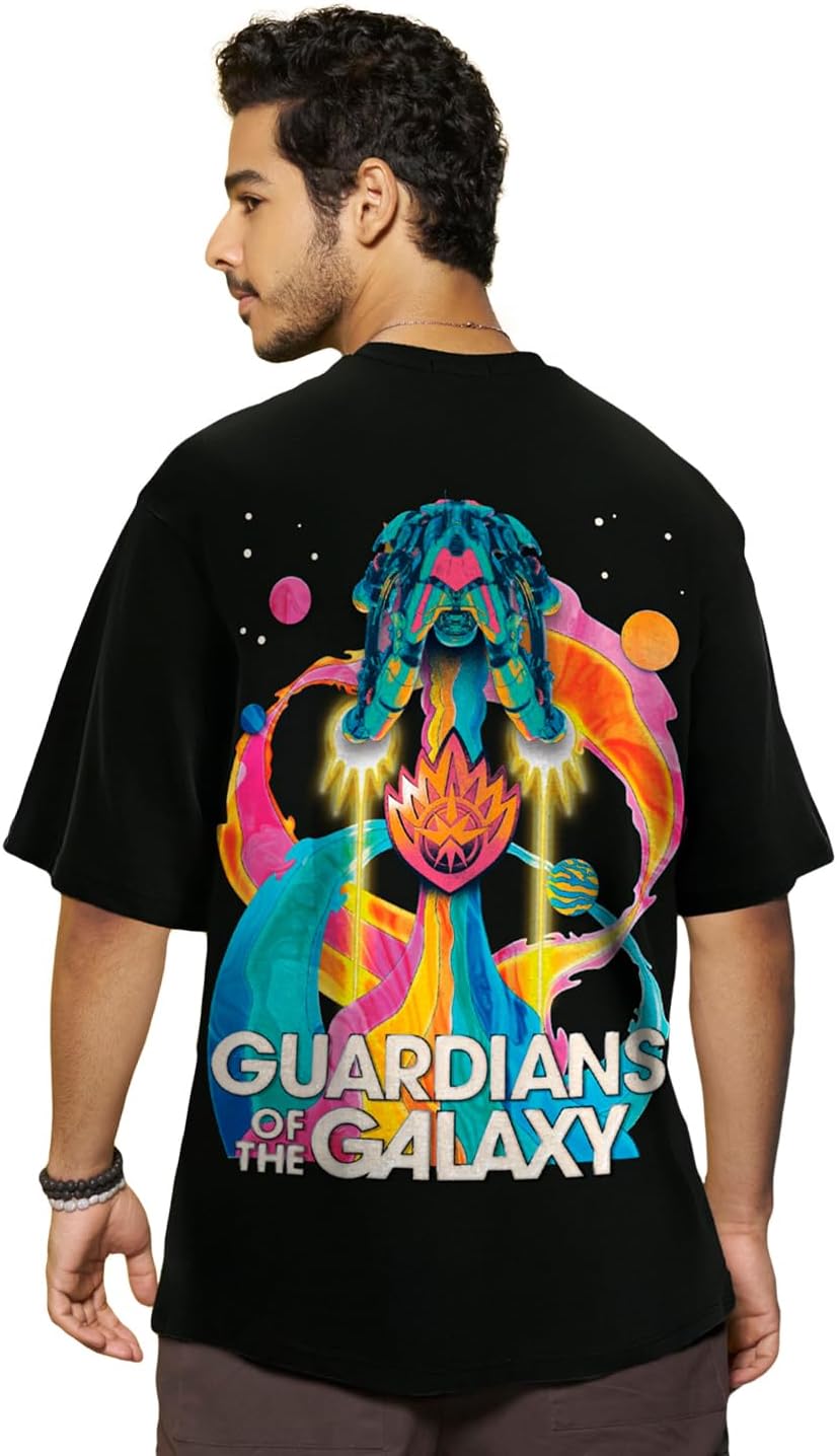 BewakoofOfficial Marvel Merchandise Guardians of The Galaxy Men's 100% Cotton 220 GSM Graphic Print Oversized Fit Round Neck T-Shirt