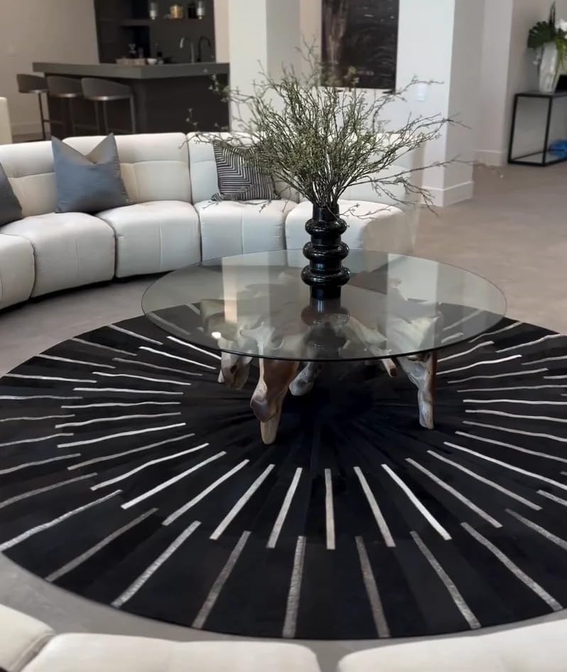 Image of Round Leather Area Rug, Cowhide Soft Hair Suede Leather Carpet, Luxury Sun Rays Stripes Patchwork Round Rug, Non Slip Floor Accent, Ideal for High Traffic Areas in Living Room, Color: Black (8x8 ft)