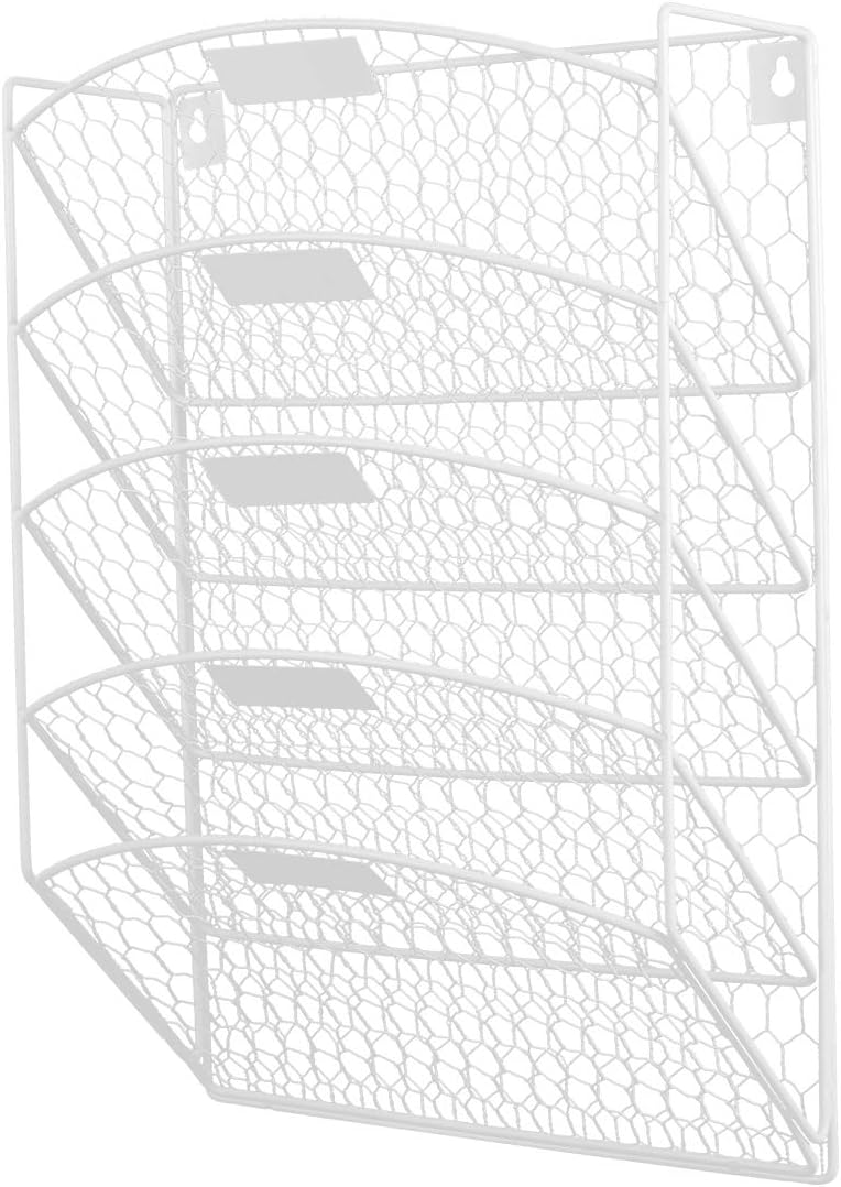 EasyPAG Wall File Organizer 5 Pockets Metal Chicken Wire Vertical Hanging File Holder Document Magazine Rack ,White