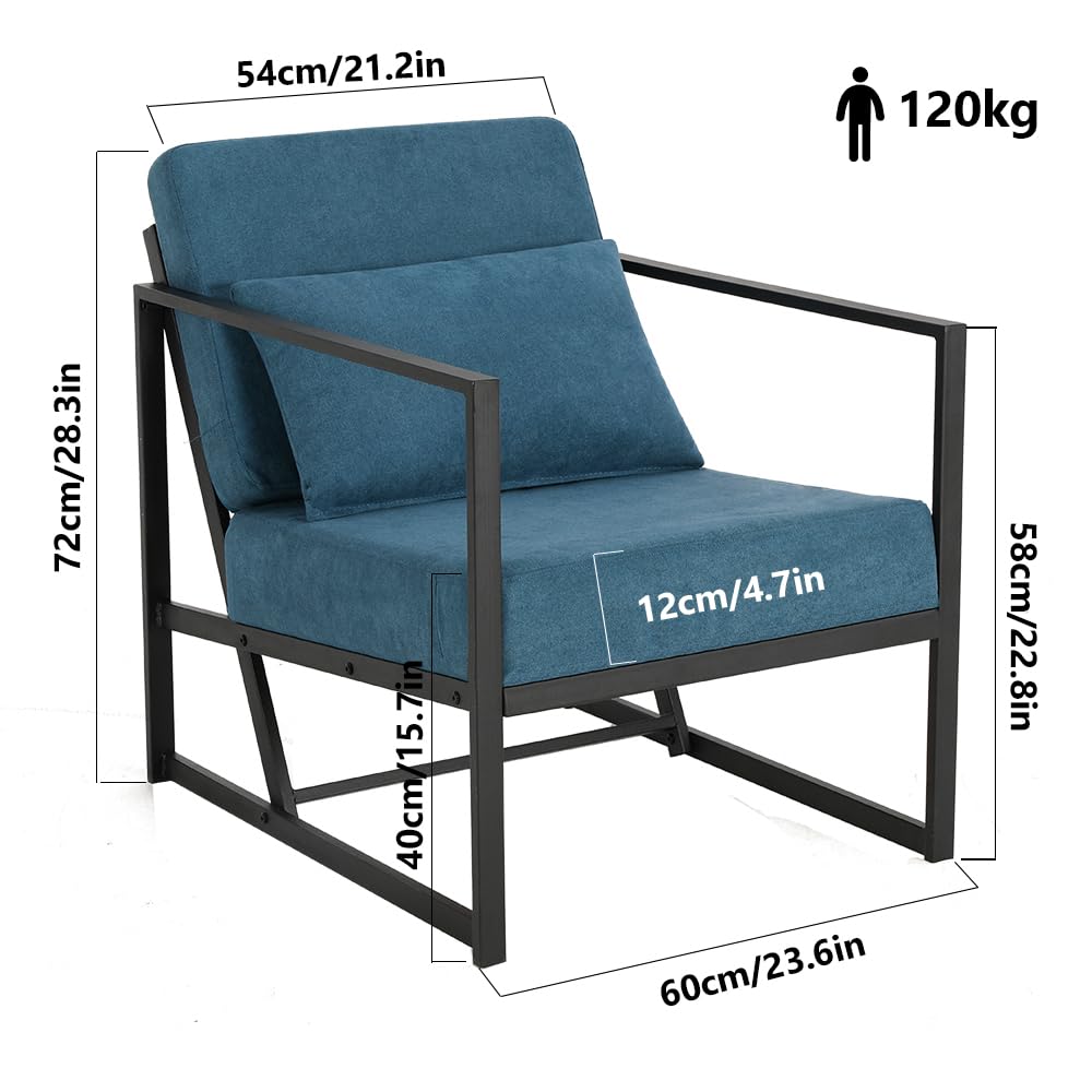 Mingone Sessel Gepolsterter Cocktailsessel Relax Polstersessel Stuhl Lehnstuhl Blau aus Leinen Loungesessel mit Handläufen Eisengestell für Wohnzimmer, 1