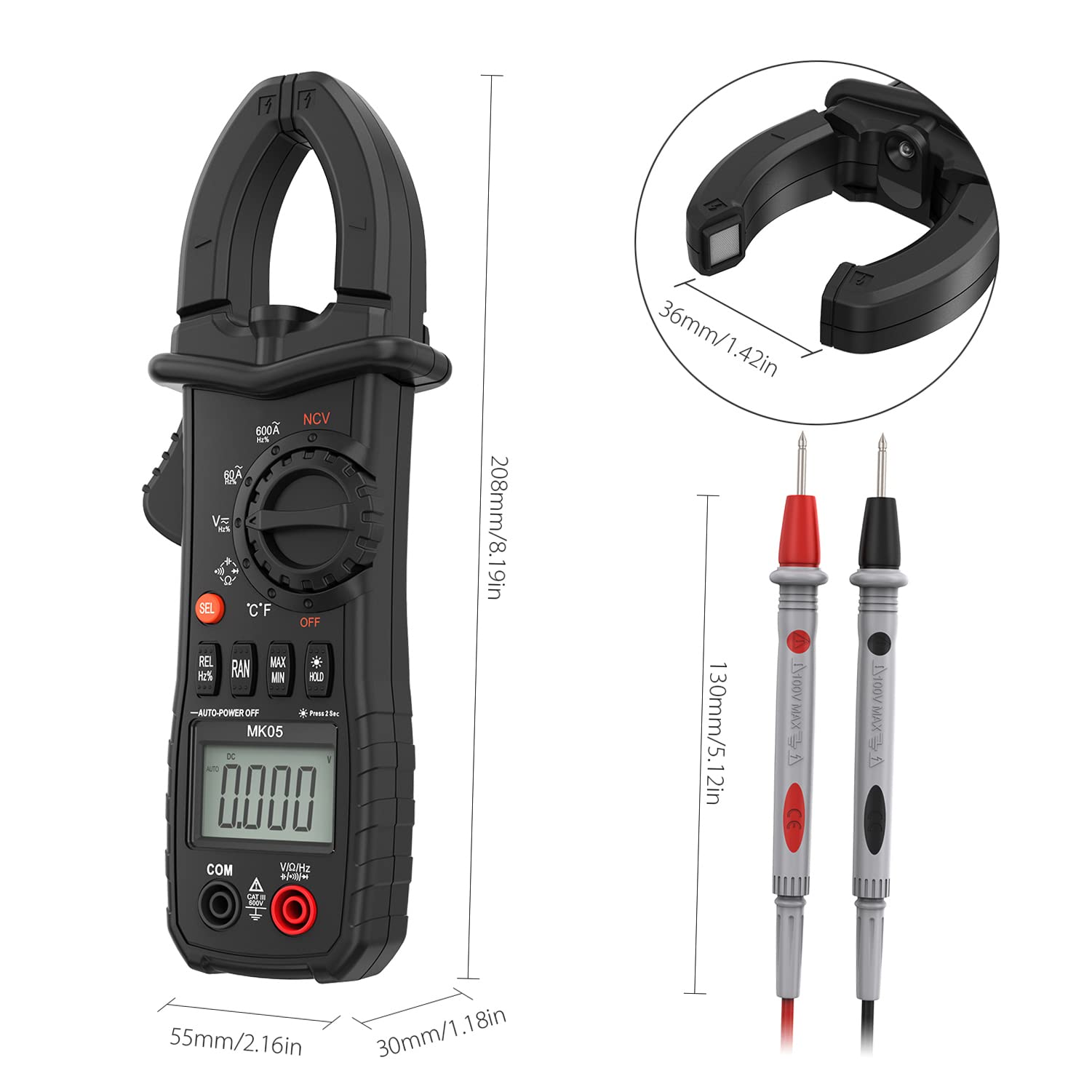 Stromzange Zangenmultimeter 6000 Counts Digitale Stromzangenmessgerät AC/DC 0-600A, T-RMS Strommesszange Voltmeter Amperemeter Auto Range Tester