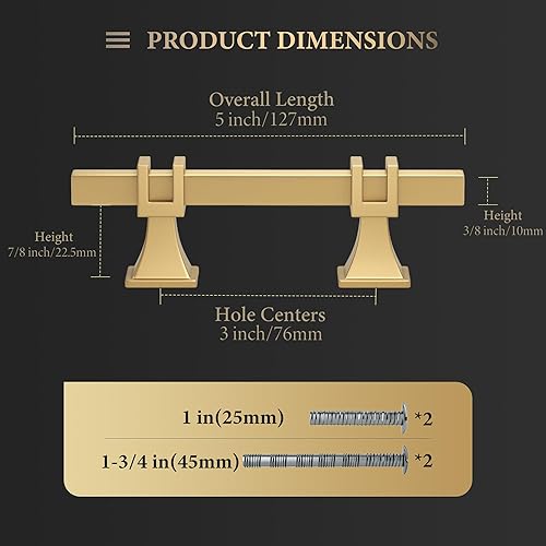 Miniatura 4 de Haliwu Paquete de 10 tiradores dorados para gabinete, manijas de cocina de latón cepillado de 3 pulgadas, herrajes cuadrados para cajones de tocador