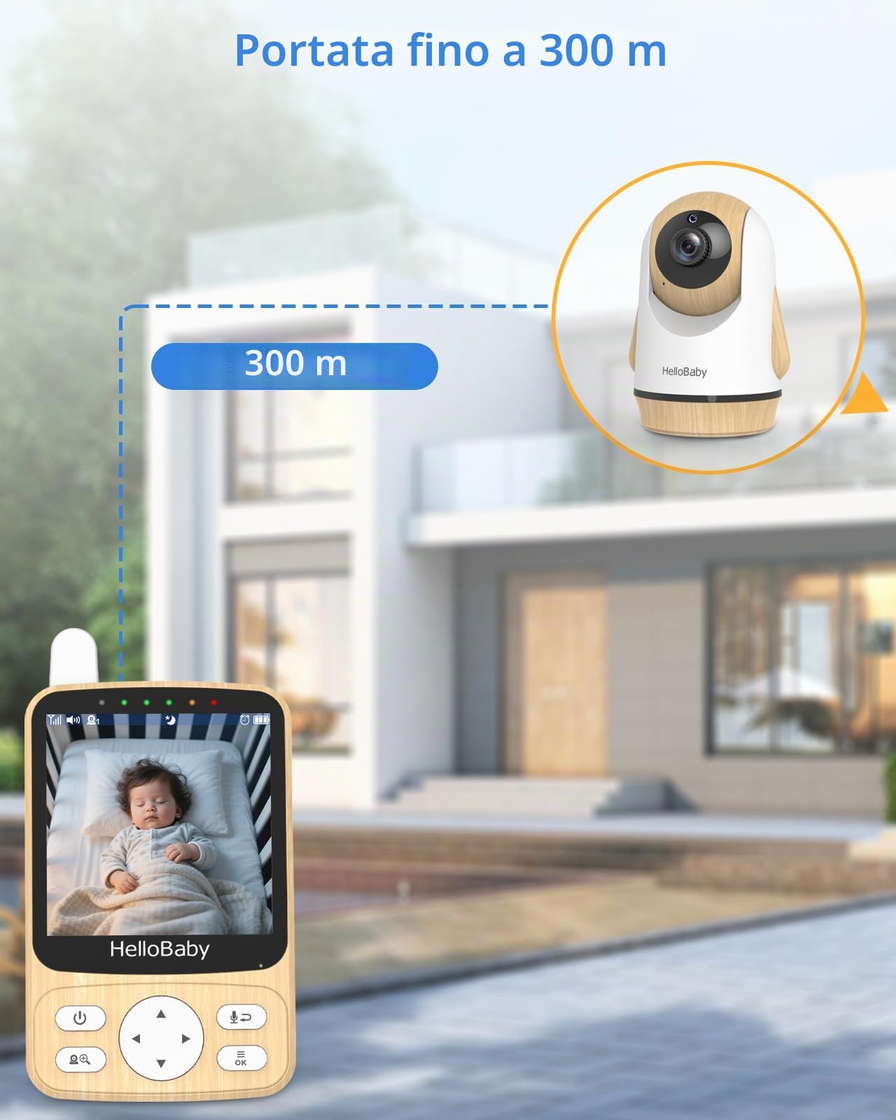 HelloBaby Babymonitor digitale con fotocamera senza WiFi, monitoraggio della temperatura e portata di 300 m, batteria da 26 ore, visione notturna a infrarossi, funzione vocale bidirezionale e modalità