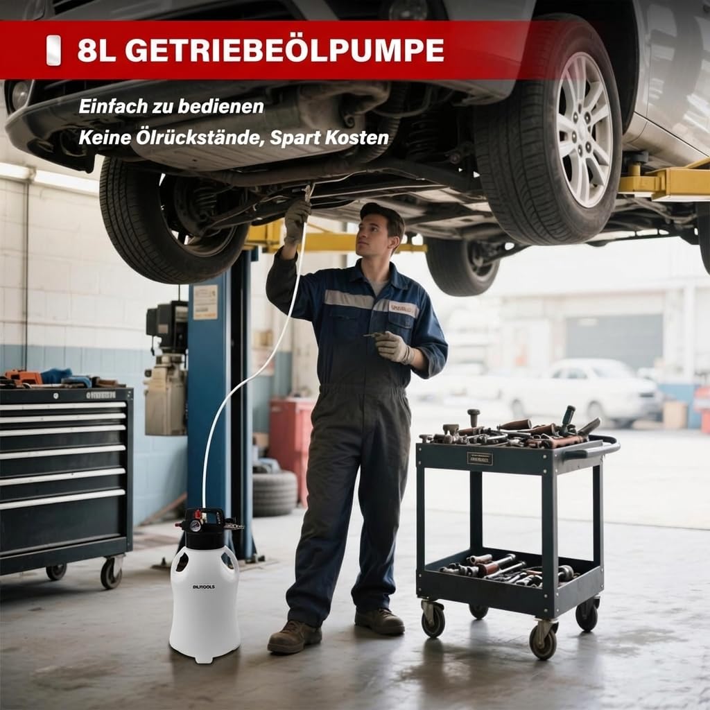 BILITOOLS Getriebeöl-Einfüllgerät Druckluft, Pneumatische Getriebeölpumpe | 8L automatisch Getriebeölwechsel Set zum Befüllen & Absaugen mit 15 ATF-Adaptern