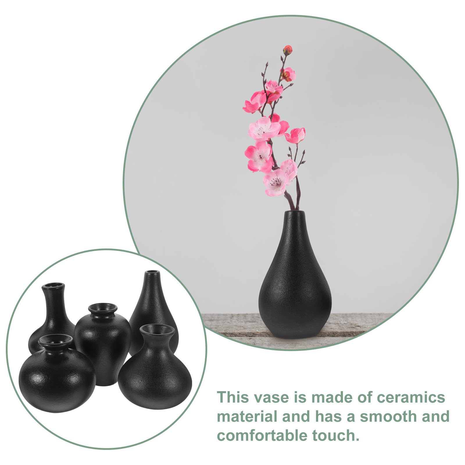 5 Piezas Mini Jarrón de Cerámica Negro, Juego de Decoración Zen