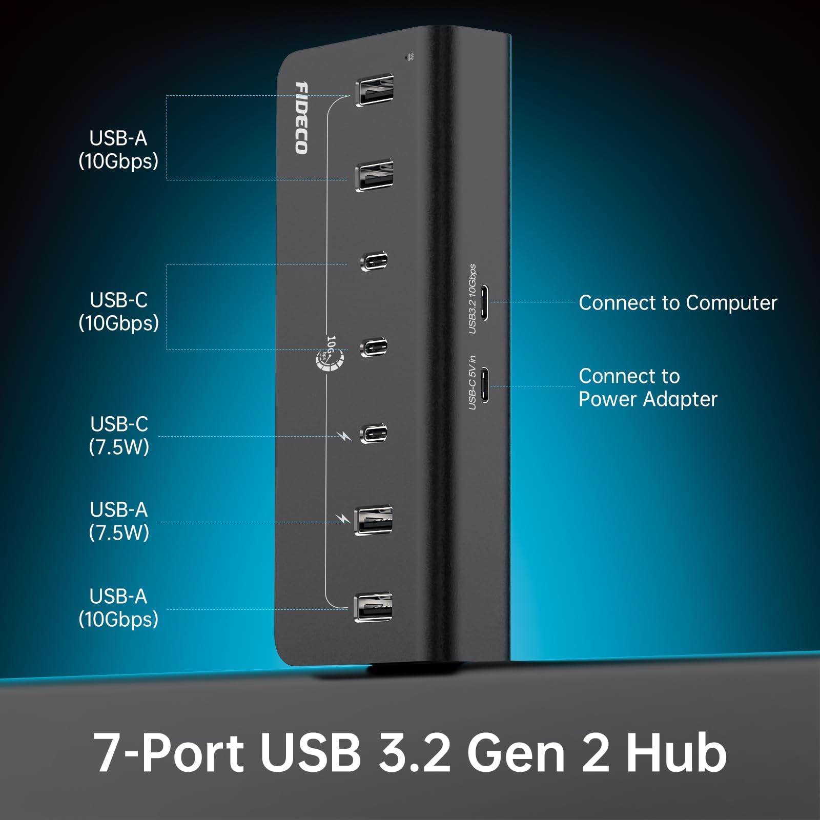 FIDECO Hub USB Alimentato, 7 Porte USB 3.2 Gen 2 10 Gbps Alta Velocità Completamente in Alluminio con Adattatore di Alimentazione 5 V 3 A Supporto di Ricarica BC1.2