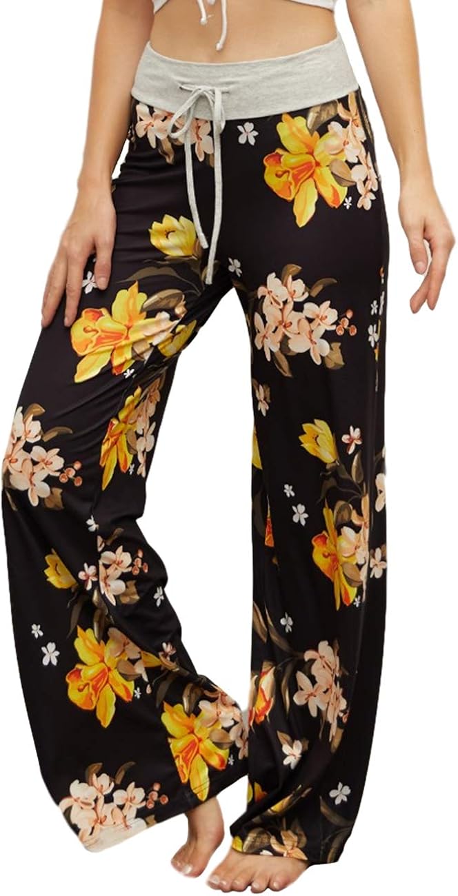 GiniMoli Women's Pajama Lounge Pants Stretch Floral Print Drawstring Long Wide Leg Lounge Pants