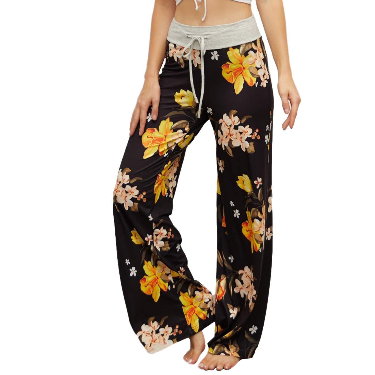Eyoung Women's Pajama Lounge Pants Stretch Floral Print Drawstring Long Wide Leg Lounge Pants