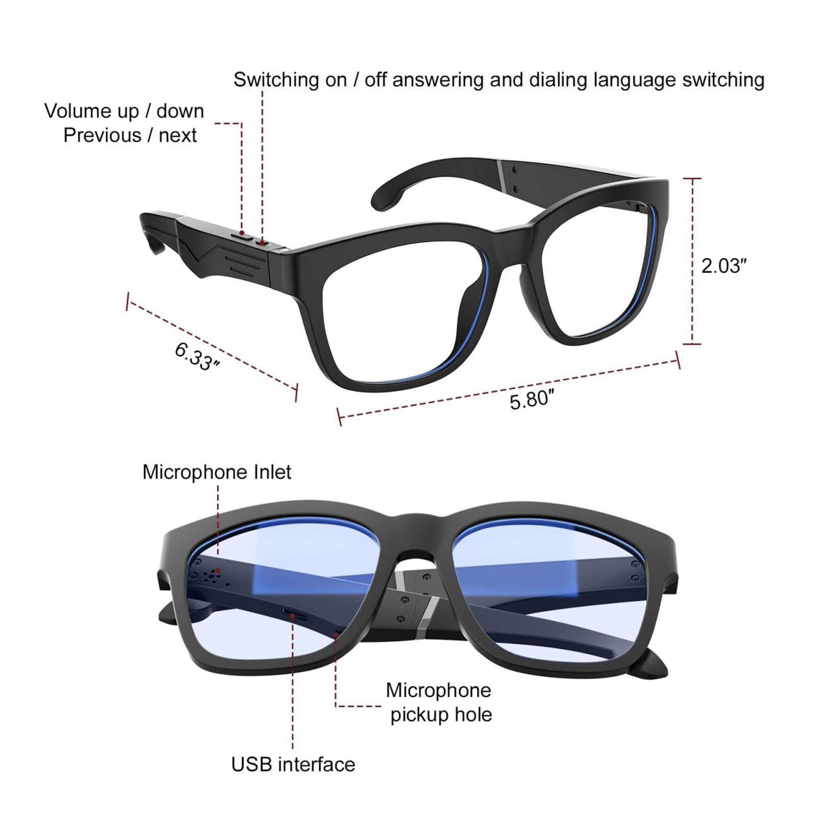 Inteligentne Okulary Bluetooth 5.0 z Filtrem Niebieskiego światła, Inteligentne Okulary Audio dla Kobiet i Mężczyzn, Wbudowany Mikrofon i Głośnik, Polaryzacyjne Soczewki