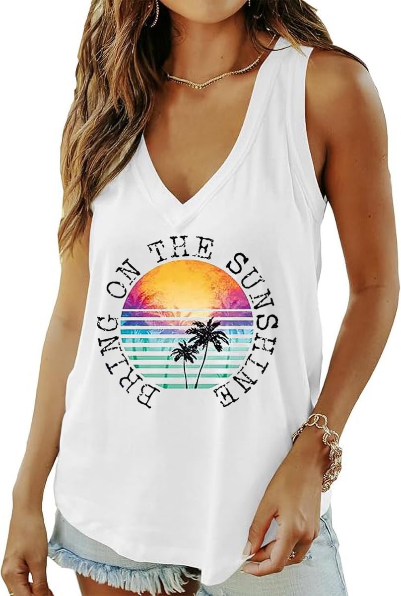 Qbily Summer Deep V-Neck Tank Tops for Women Casual Cute Sleeveless Graphic Printed Shirt
