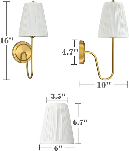 Miniatura 5 de Electro bp Elegantes apliques de pared individuales de tela brocado plisada blanca con brazo de metal curvado dorado pulido, E12, 40W, cableado