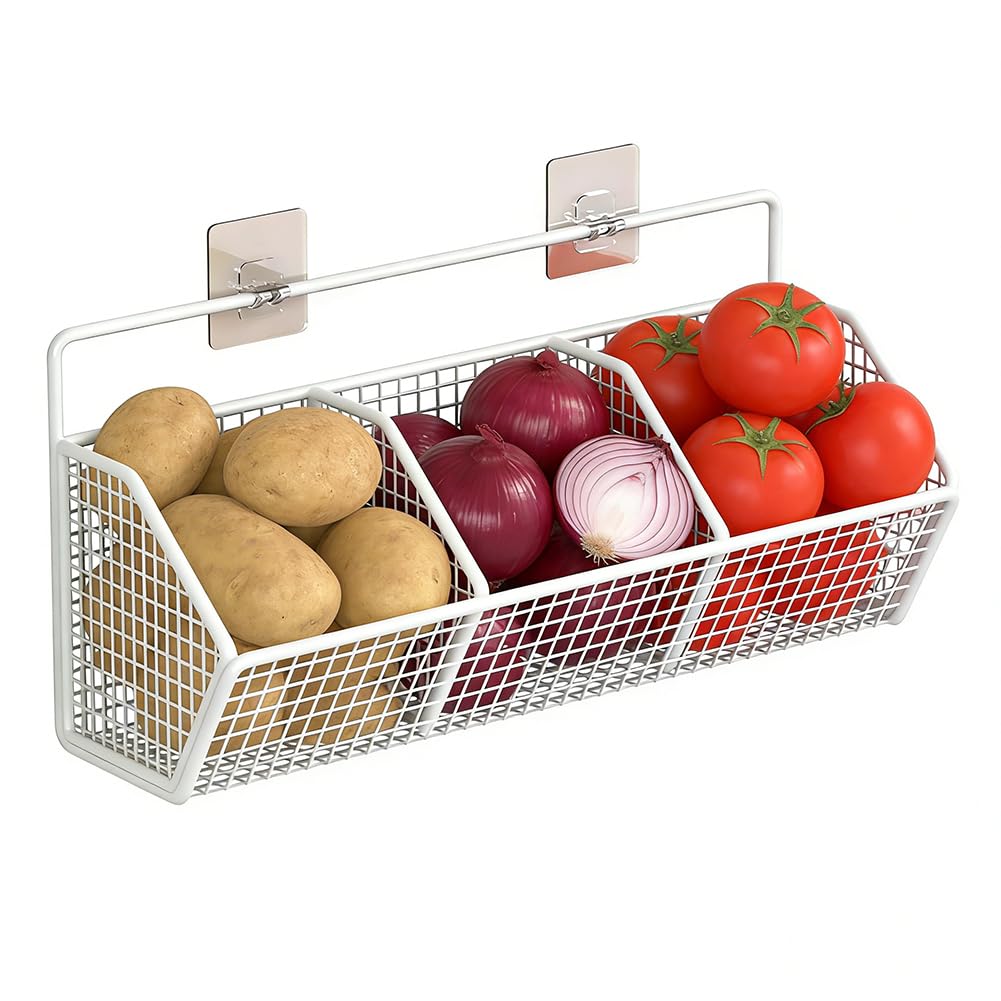 Obstkorb Hängend, Wandkorb Metall mit 3 Fächern, Hängekorb Küche ohne Bohren, Obstkorb Wand, Obstständer Obstregal, Wand Aufbewahrungskörbe für Gemüse, Obst und Brot (Weiß)