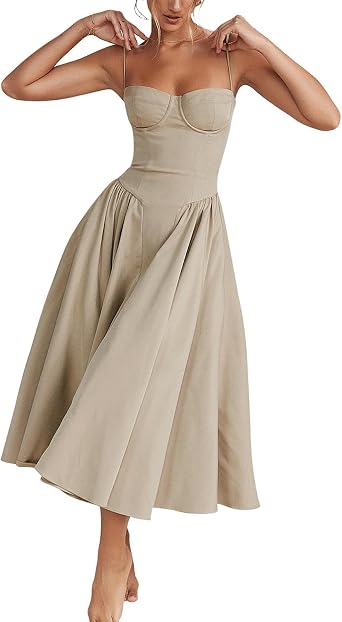 Womens Corset Dress Elegant Spaghetti Strap Midi Dress Flowy Pleated Hem Low Cut Prom Dresses Floral Bustier Dress