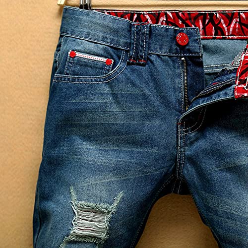 Men's Ripped Slim Fit Cozy Jeans Printed Pattern Biker Denim Pants Street Performance Classic Contrast Jean Trousers (Blue,38)4