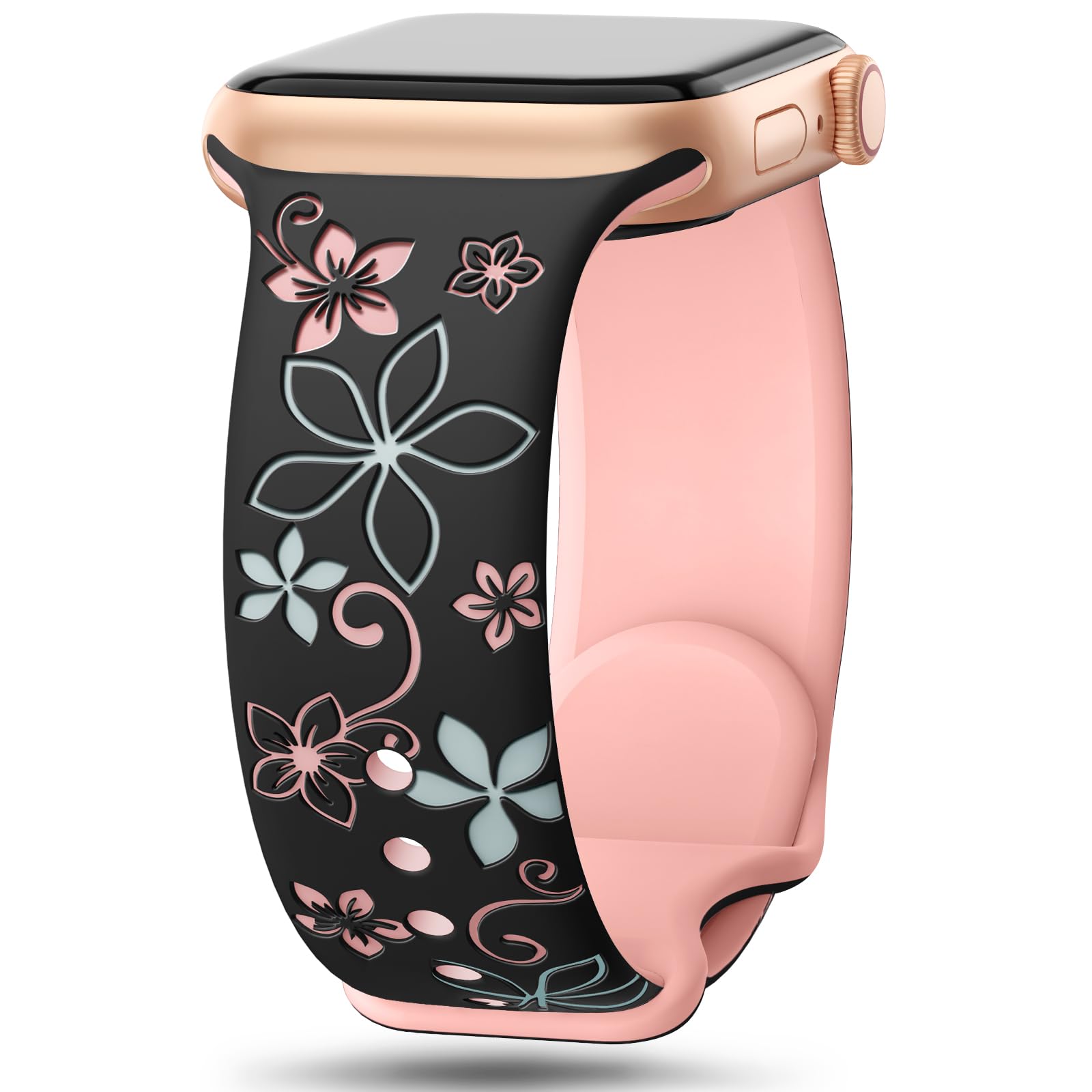Floral Engraved Bands Compatible with Apple Watch Band 41mm 40mm 44mm 45mm 42mm 38mm 46mm 49mm for Women,Cute Flower iWatch Bands Soft Silicone Sport