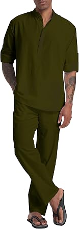 Mens Linen Sets Henley Shirts 2 Piece Vacation Outfits Beach Clothes Casual Suit Long Sleeve Shirt Yoga Pants Summer