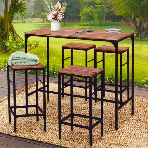 IDMarket – Salón de jardín Panamá Conjunto de bar de mesa alta y 4 taburetes de diseño industrial acacia