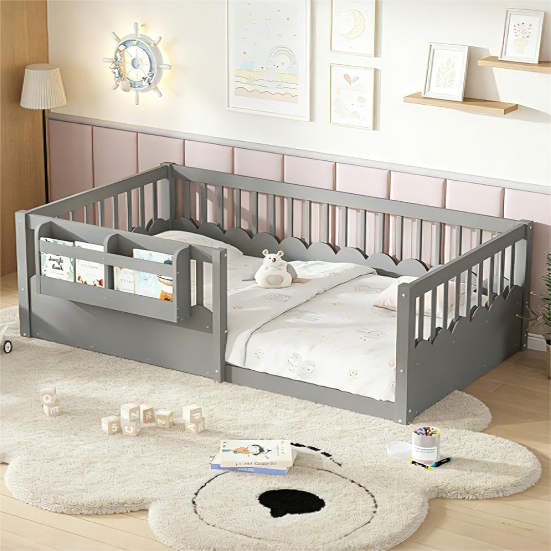 Bellemave Twin Floor Bed Frame with 19.7" Safety Fence & Book Shelf, Solid Wood Montessori Bed with Stable Base Frame, Low Profile Montessori Floor