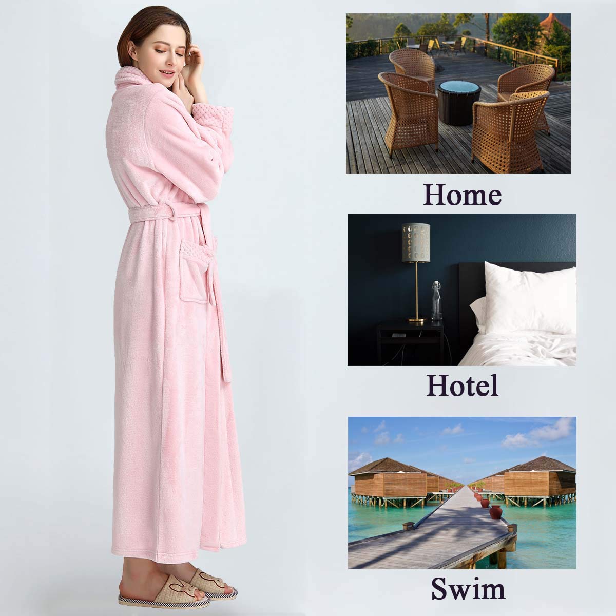 Hellomamma Bademantel Damen Lang Flauschig: Warm Plüsch Morgenmantel aus Mikrofaser Fleece für Frauen für Herbst & Winter