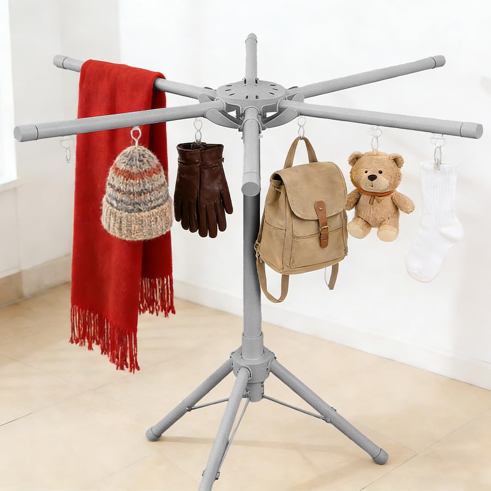 Tendedero de Ropa 6 Brazos Extensible y Plegable, Base Triangular Antideslizante, Altura Ajustable 120-170 cm para Interior y Exterior, Secadora Compacta de Viaje