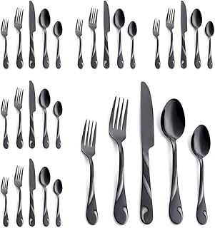 Seeshine Black Cutlery Set for 6 People, 30 Piece Stainless Steel Cutlery Set, Black Shiny Metal Cutlery, Includes Fork, Knife and Spoon, Dishwasher Safe
