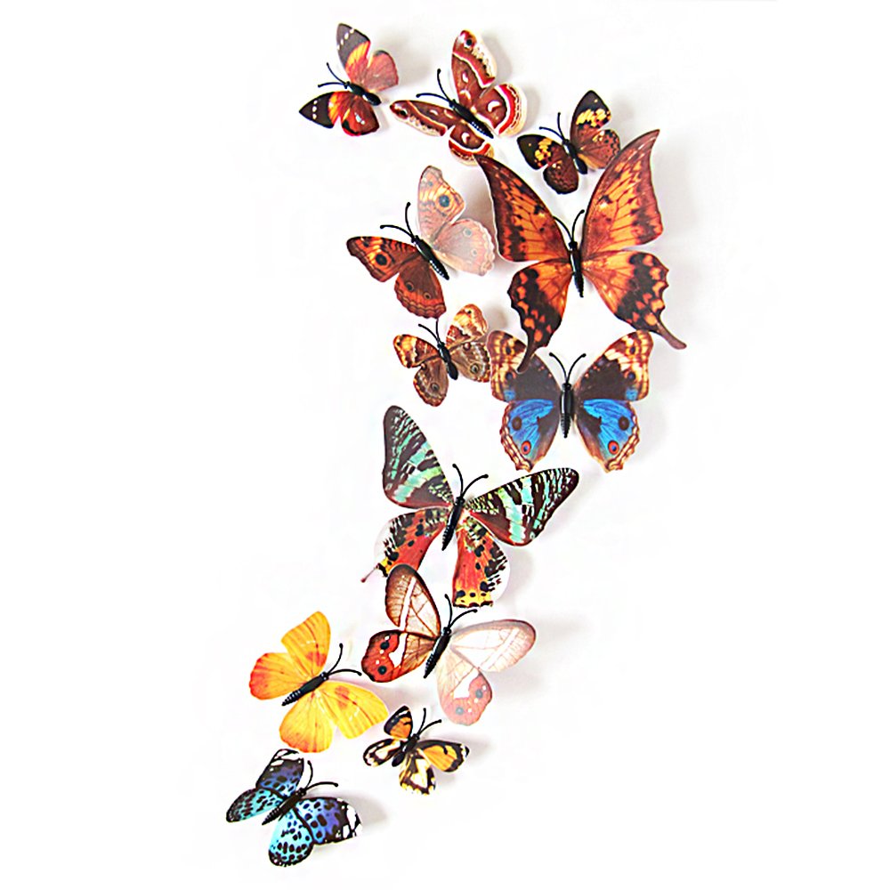 3D Butterflies Flowers Set of 12 Decorative Wall Stickers (Alive (Brown))