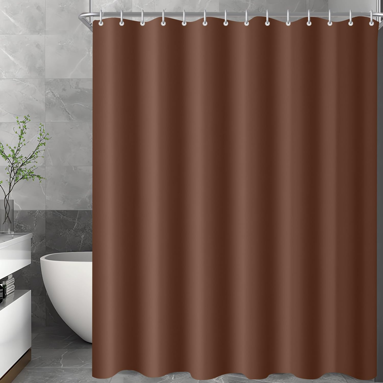 Lerores Shower Curtain, 100 x 190 cm, Brown, Weighted Hem, Anti-Mould Textile, Water-Repellent, Washable Polyester Fabric Bath Curtains for Bathroom, Bathtub with 12 Shower Curtain Rings