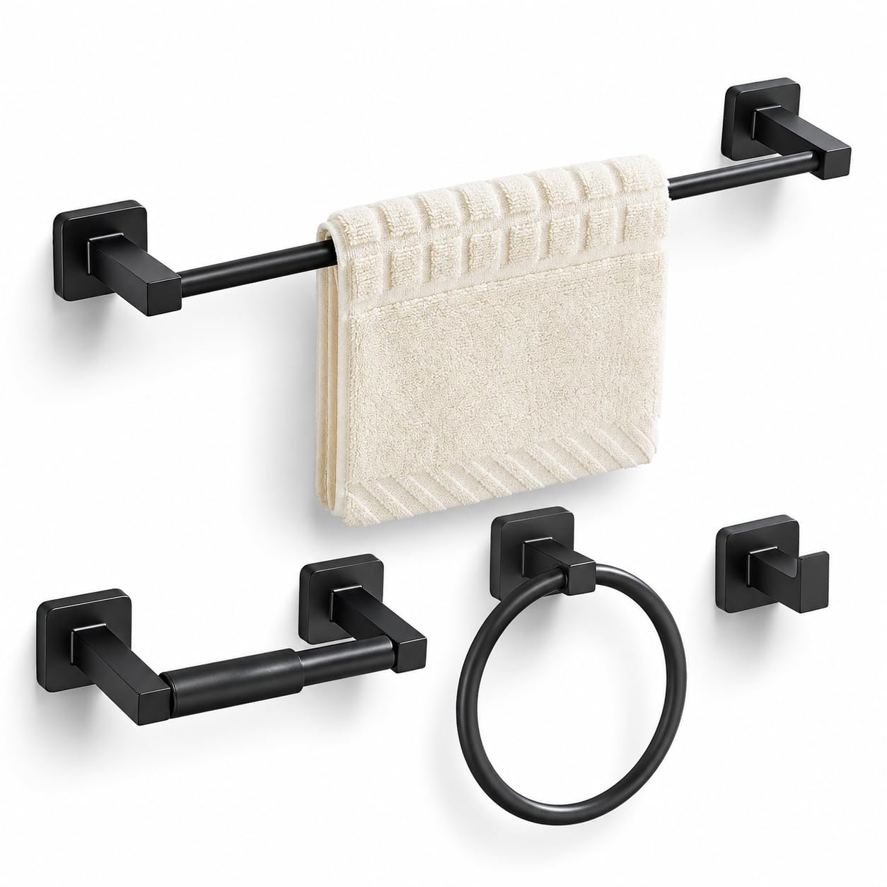 Matte Black Bathroom Hardware Set 4 Pieces,Towel Bar Set Stainless Steel Wall Mounted, Includes 16In Hand Towel Bar, Towel Ring, Robe Towel Hooks,Toilet Paper Holder, Bathroom Towel Rack Set Matte Black 16Inch