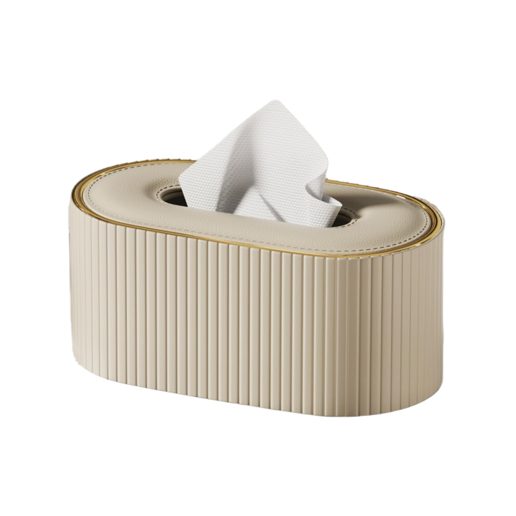 Oval PU Leather Tissue Box Cover, Flocked Lining, 4 Colors, for Standard Rectangular Tissues - Milk Tea Green Vertical Stripes