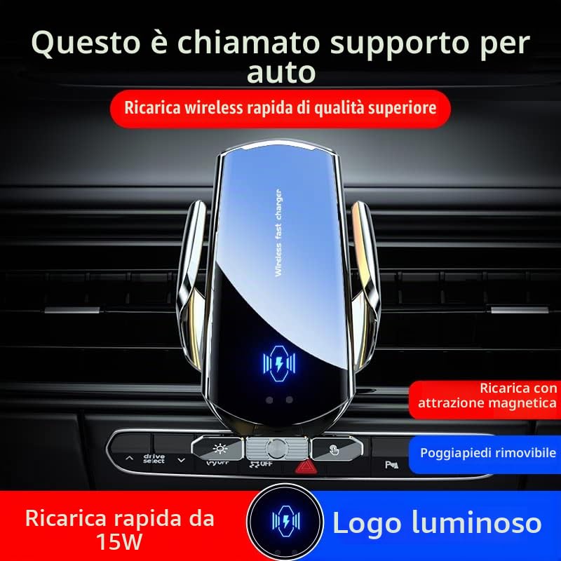 Caricabatterie wireless da auto, 15 W, ricarico rapido, supporto per cellulare, presa d'aria, ricarico magnetico, porta USB C/iOS/Micro USB (argento)