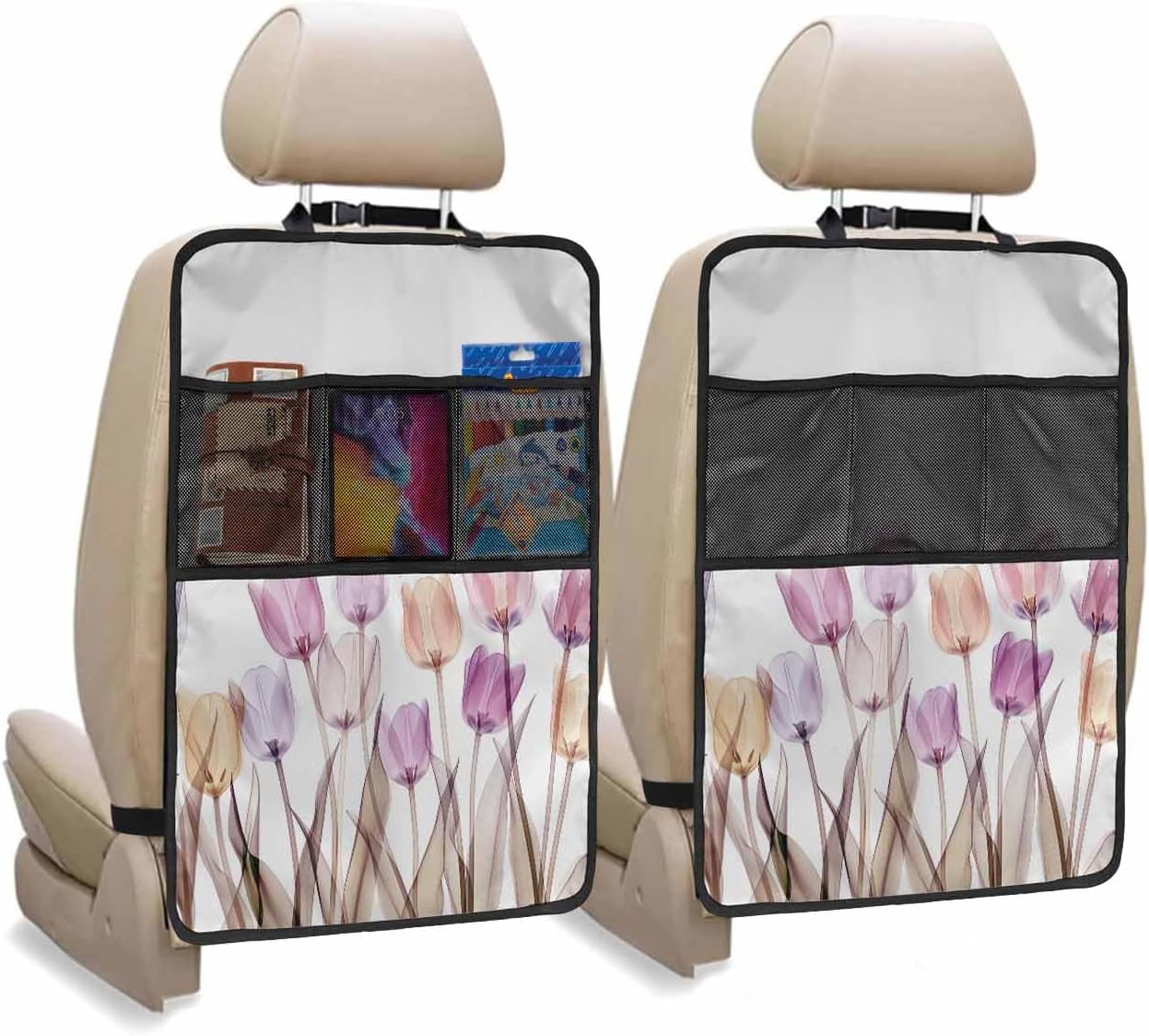 Car Seat Protector, 2 Pack Kick Mats with Organizer - 3 Pocket Storage, Modern Minimalist Watercolor Tulip Flower Pattern Back Seat Cover for Kids Universal Fit Automotive Interior Protectors