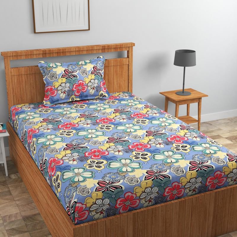 Image of Cotton 210 tc Flat Single | Diwan | Single Mattress Coat Bed Bedsheets for Summer Winter Breathable | Wrinkle Free (Size-60 X 90 Inch) with 1 Pillow Cover 60 x 90 Inches, Floral, Grey Pink