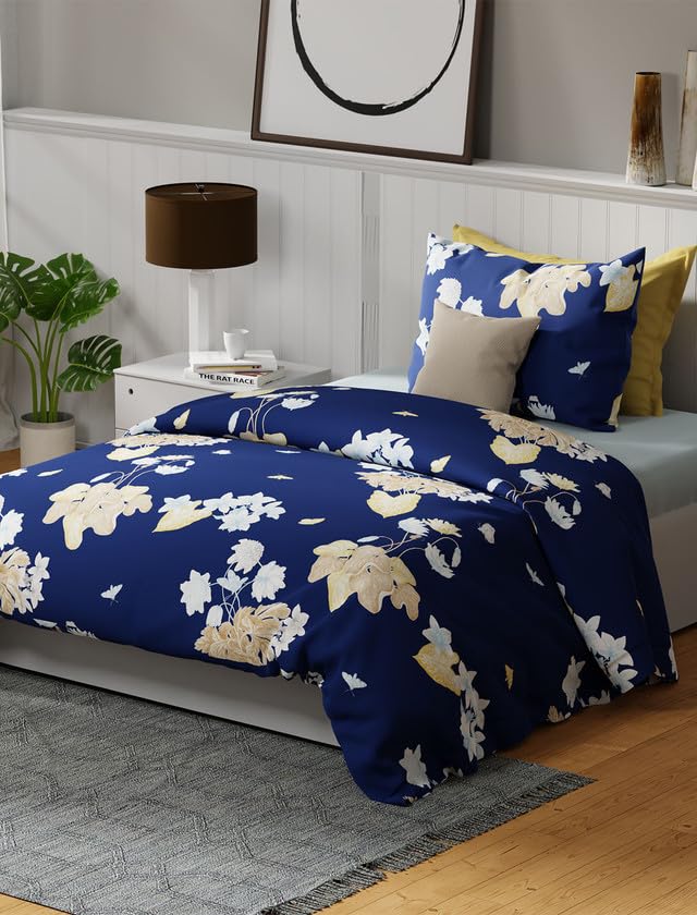 Image of United Colors of Benetton Rainbow Navy Blue Floral Cotton Single Bedsheet with 1 Pillow Cover | Skin-Friendly 144 TC | Soft, Breathable & Comfortable Bed Linen | 90 x 60 Inches