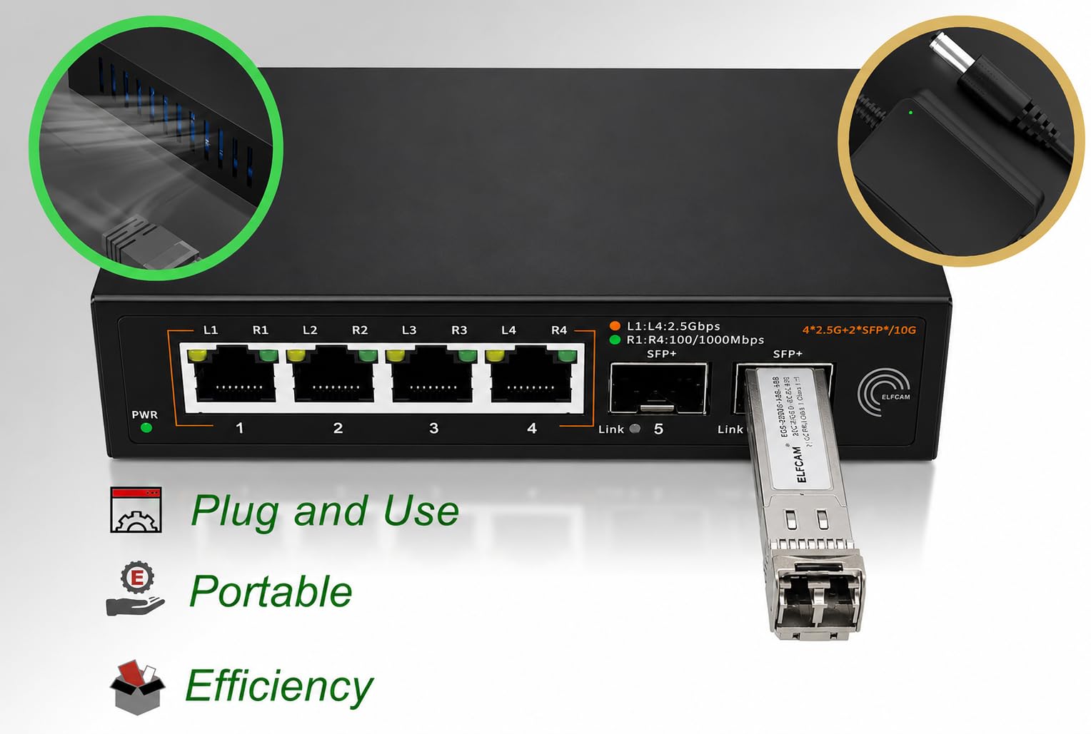 Elfcam® - 10Gb Commutateur Switch Fibre Optique Compatible avec Freebox Ultra et Orange Livebox 6, avec 2 Ports 10G SFP+ et 4 Ports 2,5 Gigabit Ethernet RJ45, Rallonge Votre Réseau 10Go