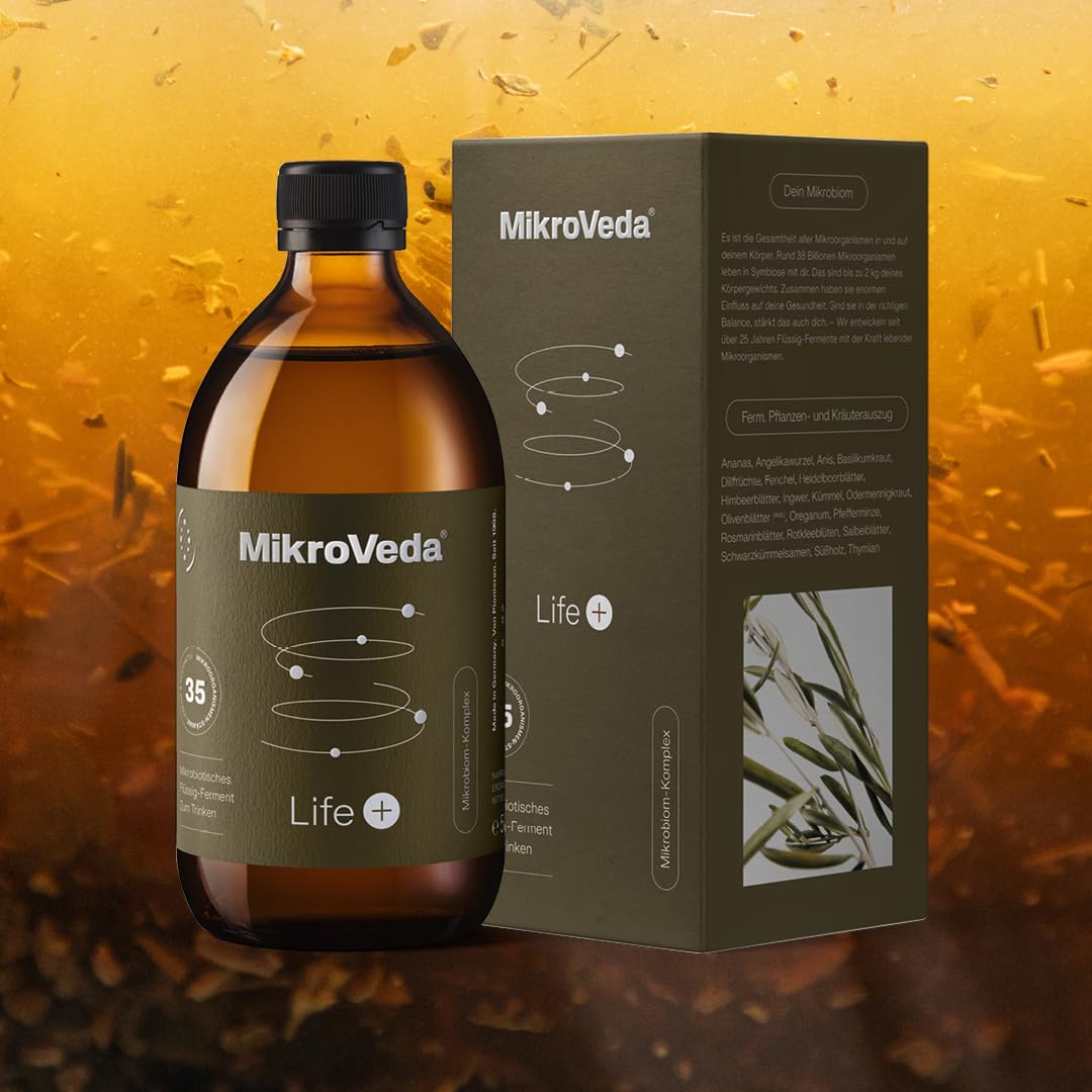 MikroVeda Life+ Bio Enzymfermentgetränk 1l, 35 Bakterienstämme, 20 fermentierte Kräuter & Pflanzen, super-aktiviert, hoch zellverfügbar, bioverfügbar, vegan, roh, Deutscher zertifizierter Hersteller